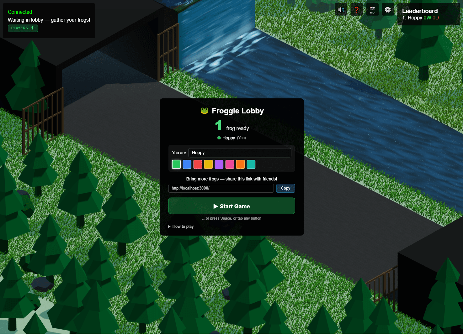 The Froggie lobby in the waiting phase: a roster of frogs, an inline name field and color picker, a copy-able invite link, and a Start Game button.