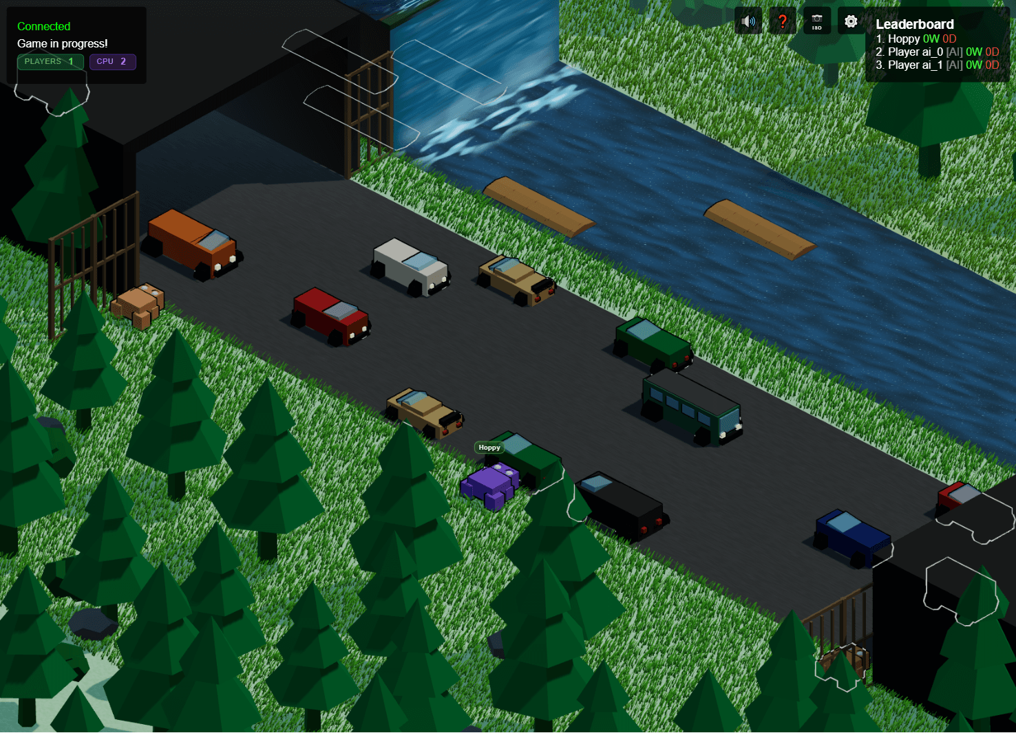 The decorated Frogger world in isometric view: foliage, perimeter fences, waterfalls at the river edge, varied vehicles, and a cel outline pass.